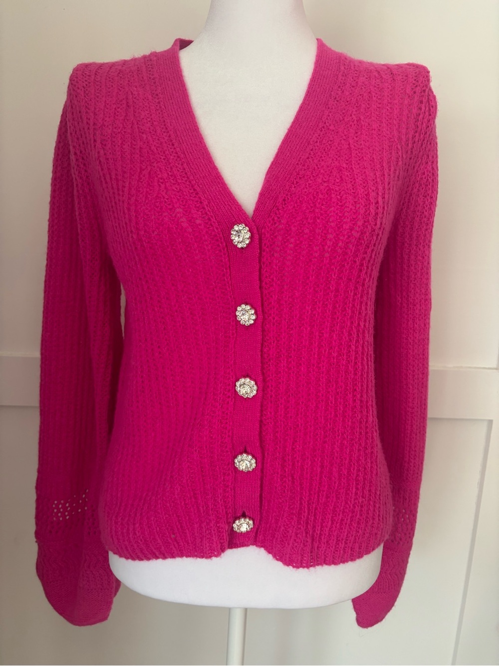 Lilly Pulitzer Bright Hot Pink V-Neck Cardigan with Rhinestone Buttons size XS